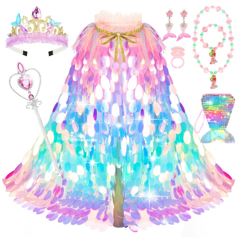 Princess Dress Up Toys Princess Dress Up Clothes Rainbow Mermaid Cape Kit 9 Pcs Gift Set for Little Girls 3-8 Years Old  Great Gift Set for Birthday Christmas Halloween (Rainbow Multi-Color)